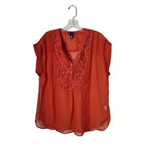 New Directions Top Womens Large Roll Tab Sleeves Popcorn Crochet Sheer